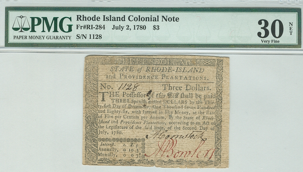 Fr.RI-284, Rhode Island Colony July 2, 1780 $3, Very Fine